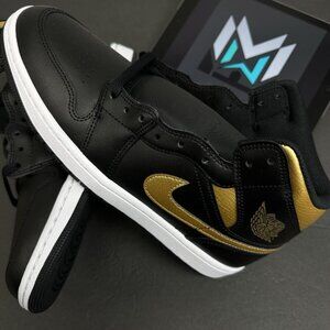 Nike Air Jordan 1 Mid Shoes Black Metallic Gold White DQ8426-071 Men's Sizes